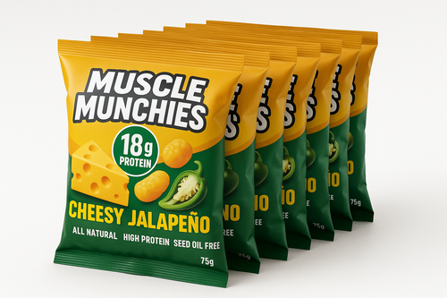 12 pack of 75g bags of cheesy jalapeno Muscle Munchies packed with 18g of protein. All natural, high protein, seed oil free