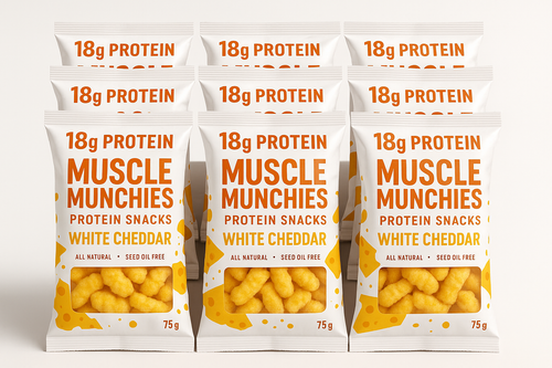 12 pack of 75g bags of cheesy white cheddar Muscle Munchies packed with 18g of protein. All natural, high protein, seed oil free