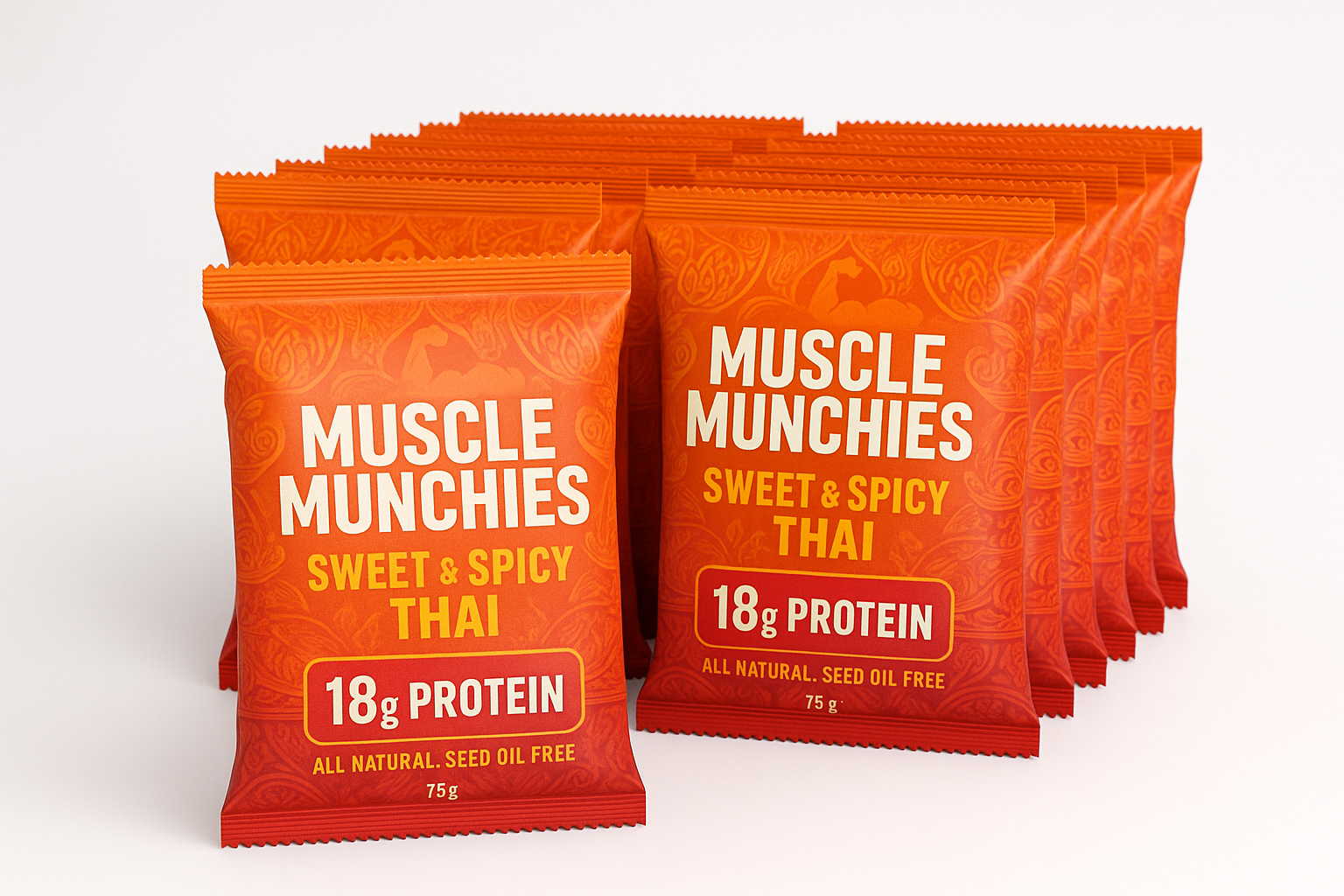12 pack of 75g bags of sweet & spicy thai Muscle Munchies packed with 18g of protein. All natural, high protein, seed oil free
