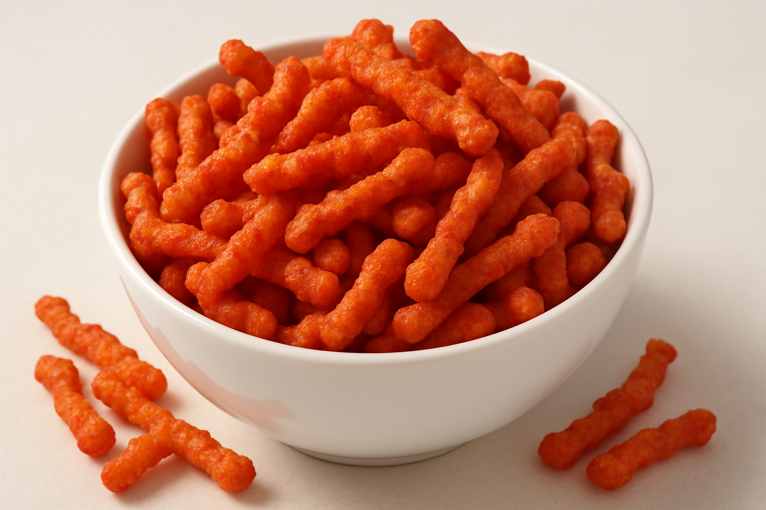 a white bowl filled with sweet & spicy thai crunchy cheetos