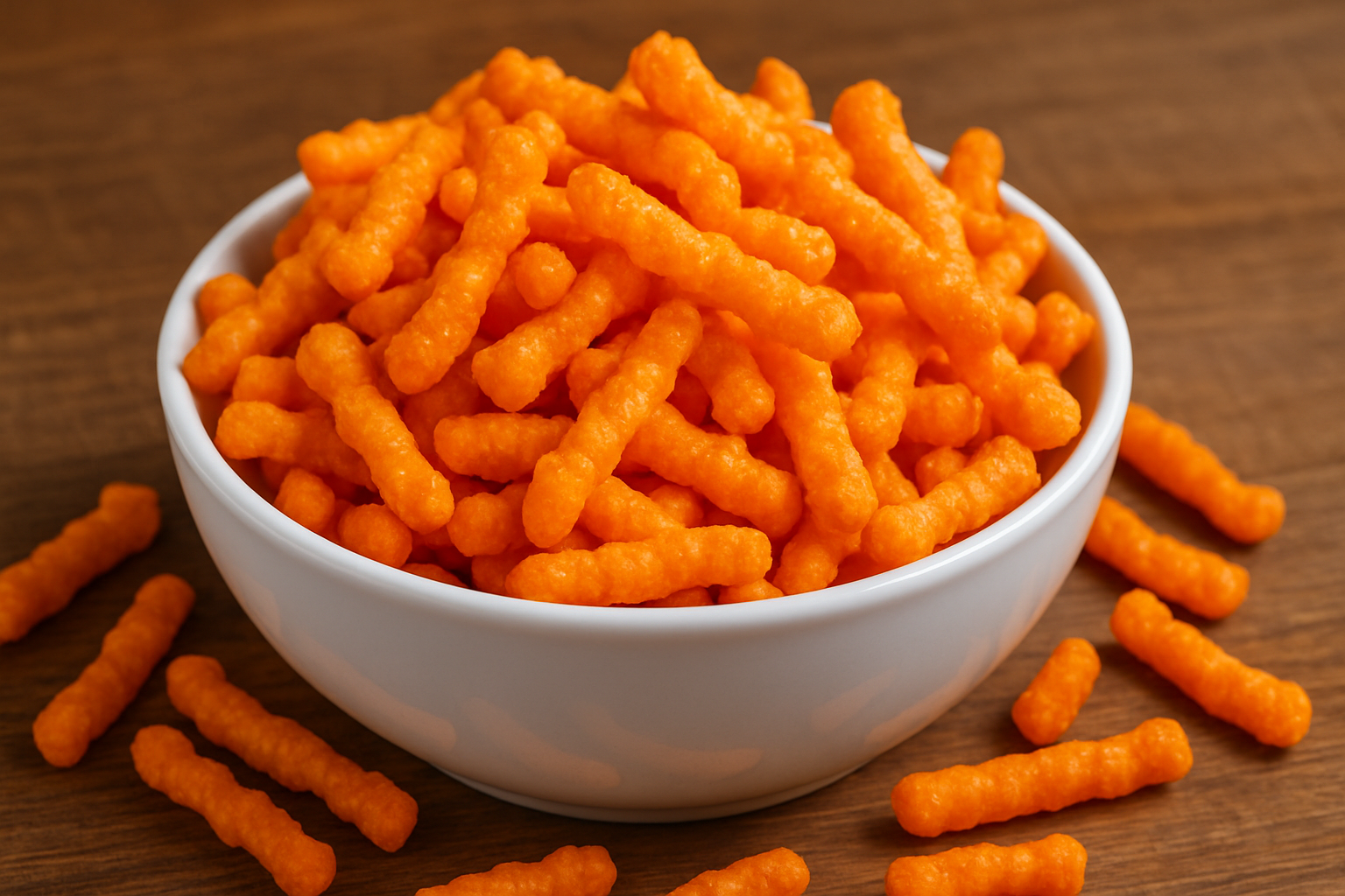 A white bowl thats overflowing with crunch cheetos sitting on a table